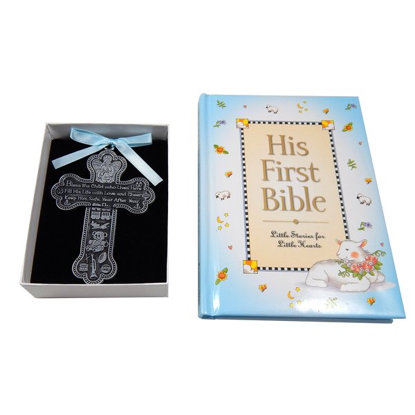 Baby Boy First Bible and 4" Pewter Baptism Guardian Angel Crib Cross (Original Version)
