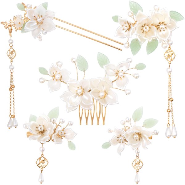 HINZIC 5PCS Camellia Flower Tassels Hairpins Crystal Pearl Hair Clips Combs Vintage Chinese Japanese Hanfu Jewelry Wedding Bridal Headpiece Accessories for Women Updo Long Hair