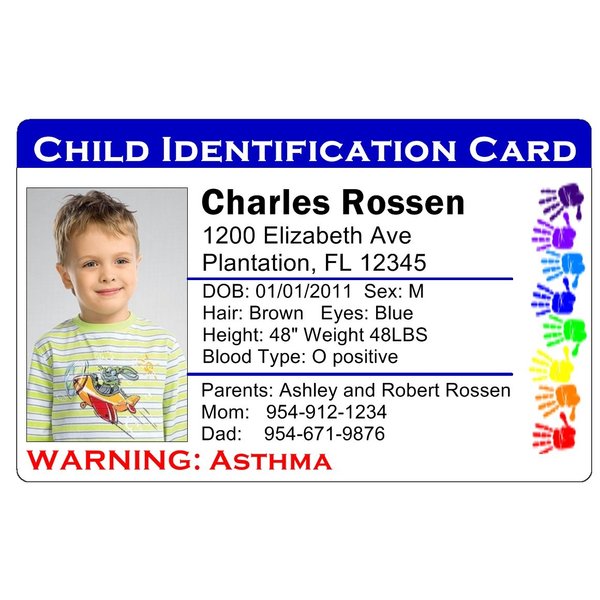 101 Custom Personalized Child Travel Identification Card ID Lost Child Full Color (Set of 2 Cards) (Blue)