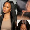 KLAIYI Kinky Edge Yaki Straight Bye Bye Knots Glueless Wig 7x5 Pre Cut Lace Front Wigs Human Hair Pre Bleached Pre Plucked Easy to Wear and Go Wig 30S Ready to Go Kinky Wig with Curly Baby Hair 16Inch