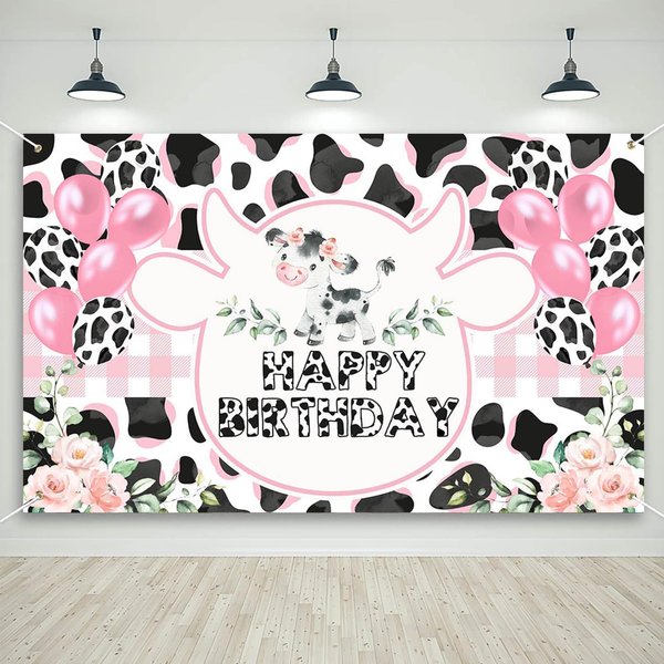 Mocsicka Cow Birthday Banner for Girls Pink Holy Cow Print Backdrop Party Decoration Cow Spot Balloon Birthday Photography Background (Pink, 70.8 x 43.3 Inch)