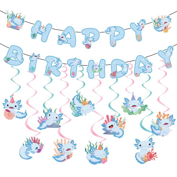 Rakuto Blue Axolotl Birthday Party Decorations, Cartoon Axolotl Happy Birthday Banners, 12PCS Cute Axolotl Birthday Banner Hanging Swirls Party Decor Supplies for Boys