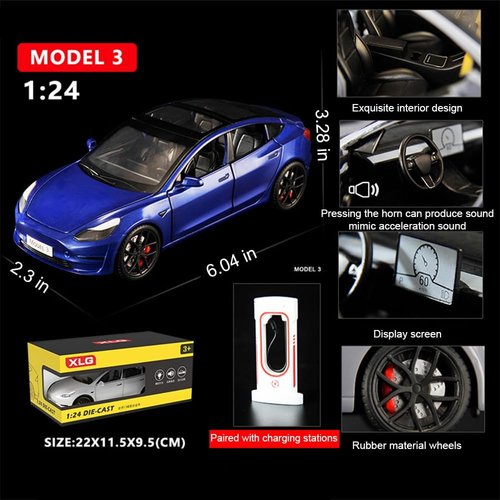 1/24 Diecast Model 3 Toy Car, Alloy Model 3 Model Car Pull Back Collectible Model 3 Vehicles with Light, 6 Open Doors, Exquisite Model 3 Diecast Car Model Toy for Kids Adults (Blue)