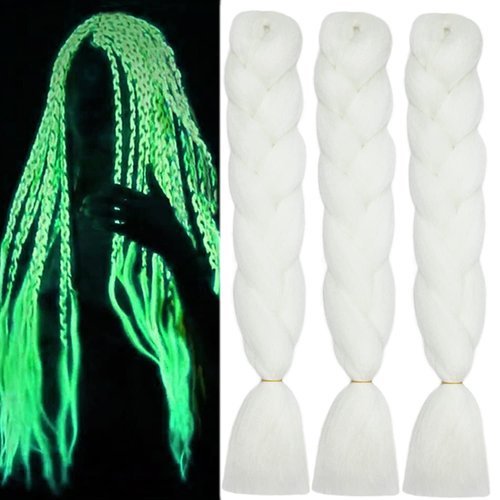 White Braiding Hair Kanekalon Braids Hair Extensions Glowing Braiding Hair 24inch 3Pcs Jumbo Braiding Hair Glow in the Dark Hair