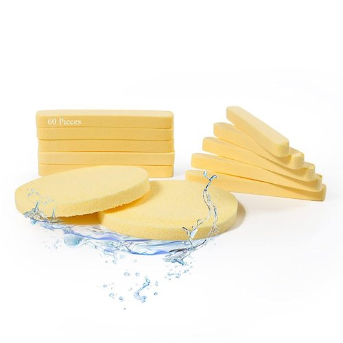 Compressed Facial Sponges 60 Pcs,Facial Cleansing Sponge,Beauty Makeup Round Facial Wash Pads Cosmetic Face Exfoliating for Women,Yellow