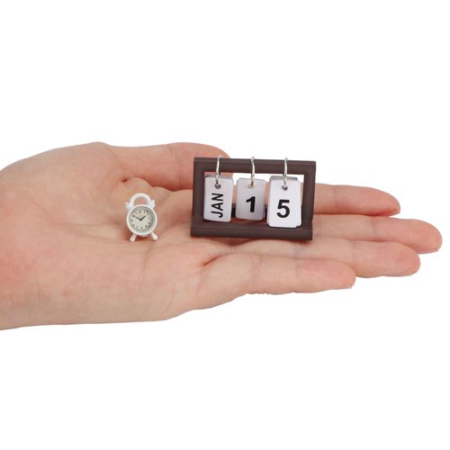 Dollhouse Desk Calendar & Alarm Clock 2Pcs Miniature Three-Dimensional Calendar Model for DIY Craft Standing Flip Monthly Calendar Doll House Accessory Props Bedroom Decor Ornaments (Brown)
