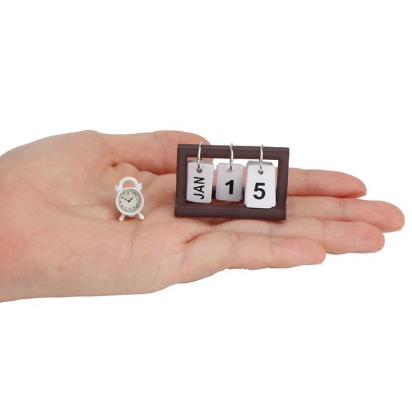 Dollhouse Desk Calendar & Alarm Clock 2Pcs Miniature Three-Dimensional Calendar Model for DIY Craft Standing Flip Monthly Calendar Doll House Accessory Props Bedroom Decor Ornaments (Brown)