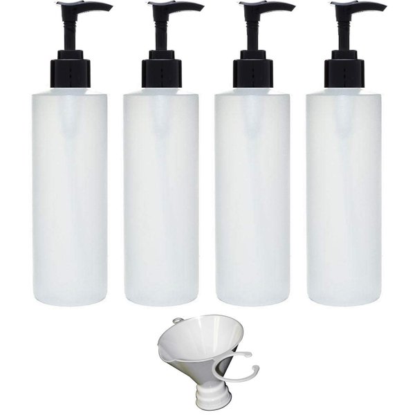 Earth's Essentials Four Pack Of Refillable 8 Oz. HDPE Plastic Pump Bottles With Patented Screw On Funnel-Great For Dispensing Lotions, Shampoos and Massage Oils.
