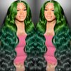 GGEDUO 13x4 Ombre Green Lace Front Wig Human Hair Body Wave Glueless HD Lace Front Wigs 3 Tone Light Green to Dark Green Colored for Fashion Women 180% Density 28 Inch
