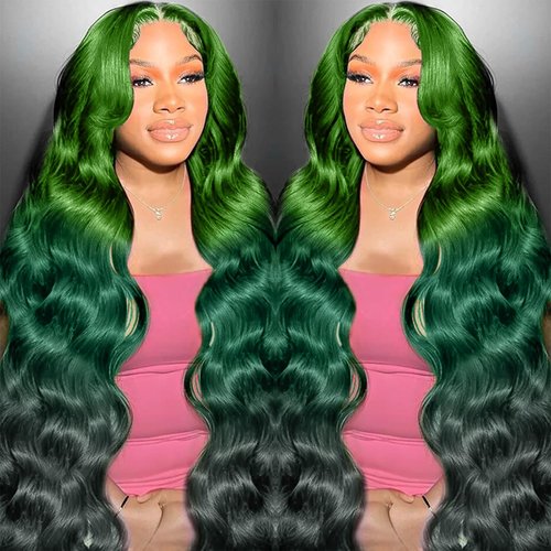 GGEDUO 13x4 Ombre Green Lace Front Wig Human Hair Body Wave Glueless HD Lace Front Wigs 3 Tone Light Green to Dark Green Colored for Fashion Women 180% Density 28 Inch
