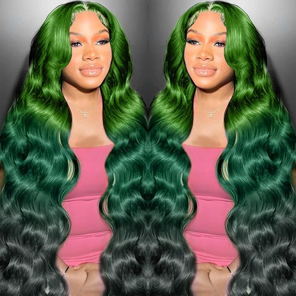 GGEDUO 13x4 Ombre Green Lace Front Wig Human Hair Body Wave Glueless HD Lace Front Wigs 3 Tone Light Green to Dark Green Colored for Fashion Women 180% Density 28 Inch