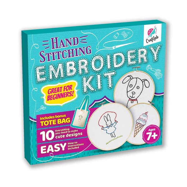 CraftLab Embroidery Kit for Beginners, Kids Craft Starter Kit Gift for Ages 7 to 13, Includes 10 Projects, Embroidery Hoops, Fabric, Patterns, Floss, Needles, Needlepoint Cross Stitching Supplies