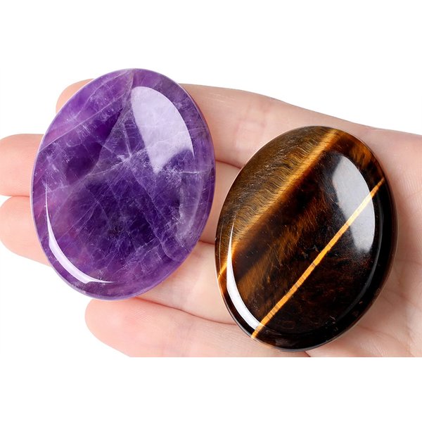 2PCS Worry Stone for Anxiety Tiger's Eye Amethyst Healing Crystals Hand Carved Thumb Stones Pocket Gemstones Meditation Oval Shaped Crystal Natural Reiki Relax Palm Stone Therapy Relief Sets