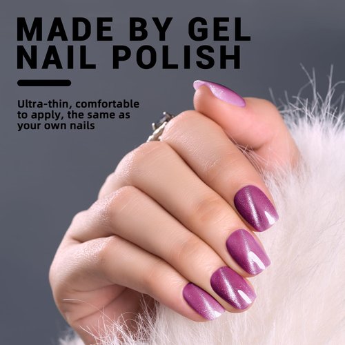 Cat Eye Press on Nails Handmade Fake Nail Kit Purple Glitter Press on Nails Short Square Reusable Glue 12 Sizes 24PCS False Nail Set for Women