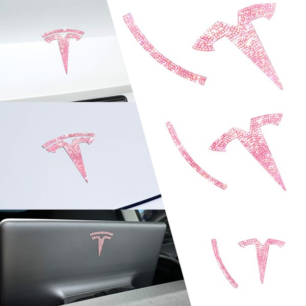 Yeapop Bling Bling Pink Rhinestone Logo Emblems for Tesla Model 3 2017-2023, 6 Pcs Tesla Emblems Stickers for Front Trunk, Rear Trunk, Bedazzled Tesla Accessories for Women and Girls.