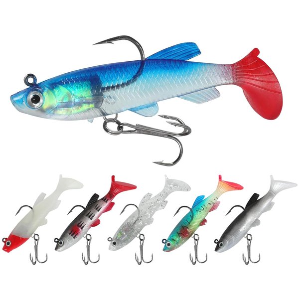 QYQBOON Soft Fishing Lures 6Pcs Pre-Rigged Jig Head Paddle Tail Soft Plastic Swimbaits for Bass Trout Walleye Crappie Fishing Gear and Equipment for Saltwater Freshwater