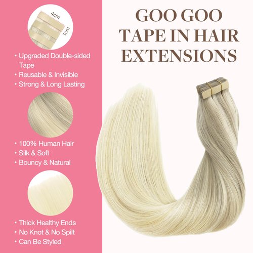 GOO GOO Blonde Hair Extensions Tape in 24 Inch Balayage Ash Blonde to Golden Blonde and Platinum Blonde Natural Remy Hair Straight Long Tape in Hair Extensions 20pcs 50g