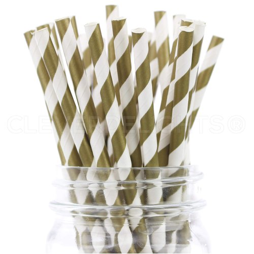 CleverDelights Gold Stripe Paper Straws - 100 Pack - Eco-Friendly Biodegradable Drinking Straws