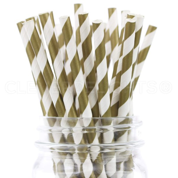 CleverDelights Gold Stripe Paper Straws - 100 Pack - Eco-Friendly Biodegradable Drinking Straws