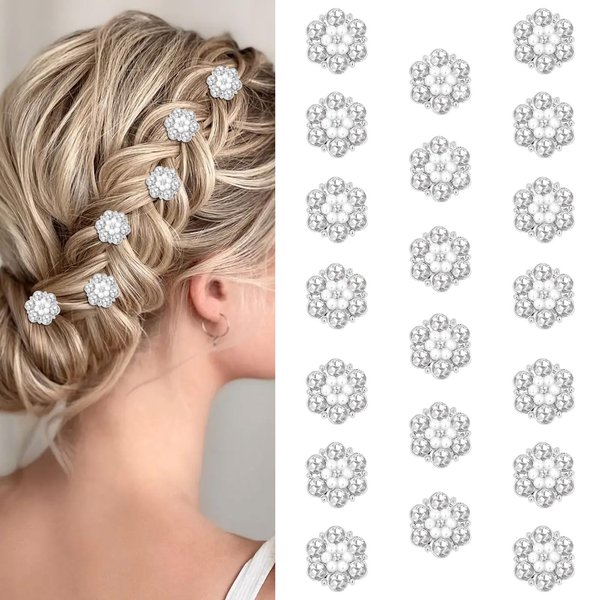 YISSION 20Pcs Mini Rhinestone Flower Hair Clips with Pearl Cute Crystal Hair Clips Silver Hair Pins Small Decorative Hair Clips Wedding Hair Barrettes Bridal Hair Accessories for Girls Women