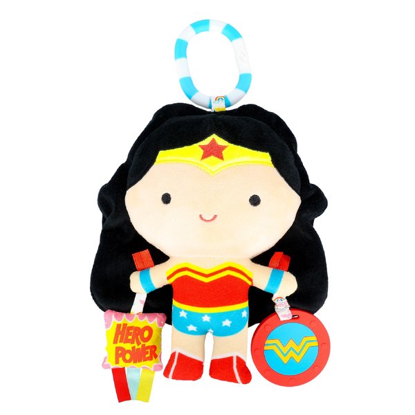 KIDS PREFERRED DC Comics Wonder Woman Multi Sensory Activity Toy with Teethers, Crinkle Textures, and Clip for On The Go Fun for Infant and Baby Boys and Girls Medium