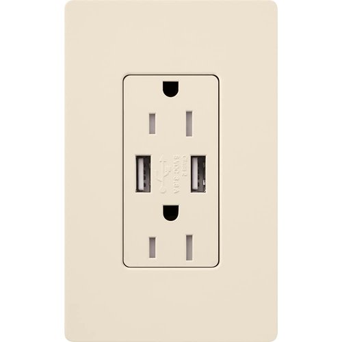 Lutron Claro 15 Amp USB Duplex Outlet | CAR-15-UBTR-LA | Light Almond