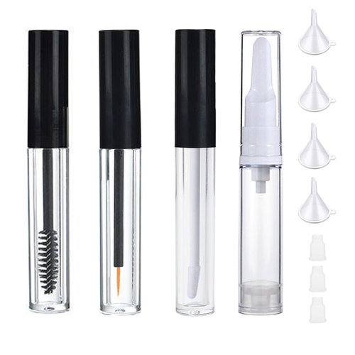 Qeuly 10ml Empty Mascara Tube and Wand, Lip Gloss Tubes with Wand, Eyeliner Tube with Rubber Inserts and Funnels, Airless Pump Bottles Travel Foundation Container (4 Pack)