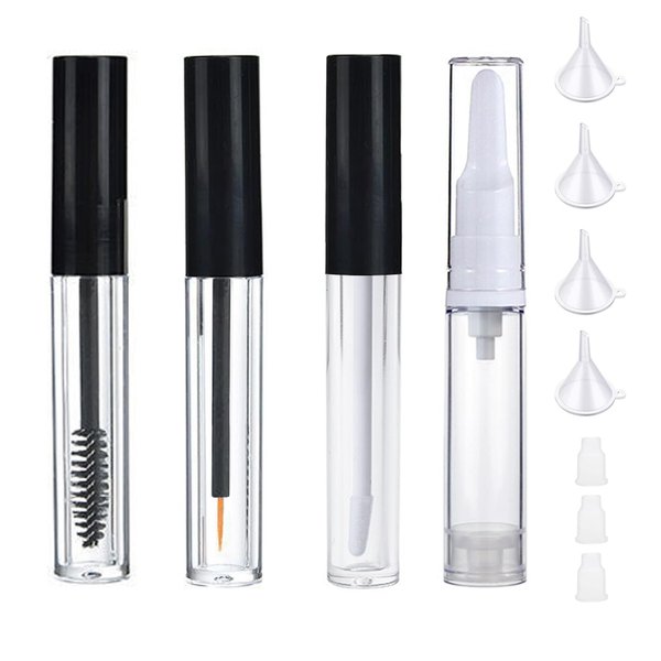 Qeuly 10ml Empty Mascara Tube and Wand, Lip Gloss Tubes with Wand, Eyeliner Tube with Rubber Inserts and Funnels, Airless Pump Bottles Travel Foundation Container (4 Pack)