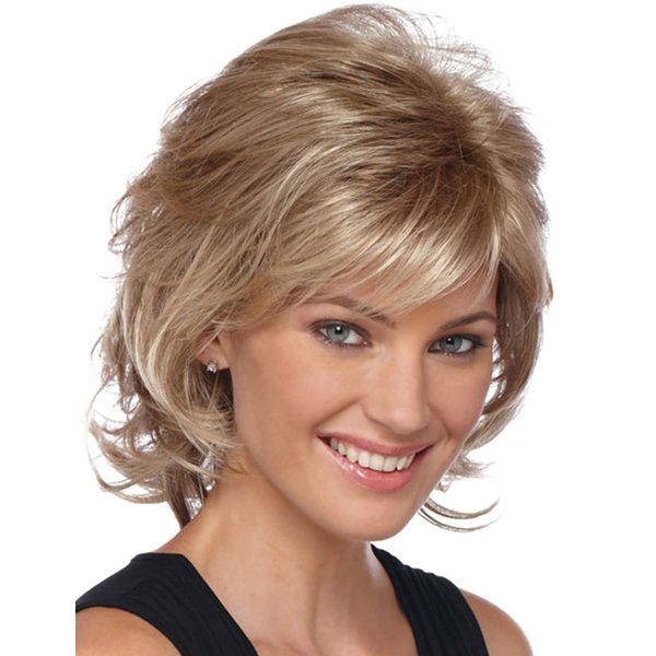 RENERSHOW Short Brown Curly Wigs for Women Mixed Brown Highlight Wavy Synthetic Wig with Bangs Rose Blonde Short Hair Wig