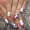 Independence Day Square Press on Nails Medium Fake Nails with Line Designs Red White Full Cover Acrylic Nails 4th of July Artificial Blue Star Nails for Women Girl 24 Pcs