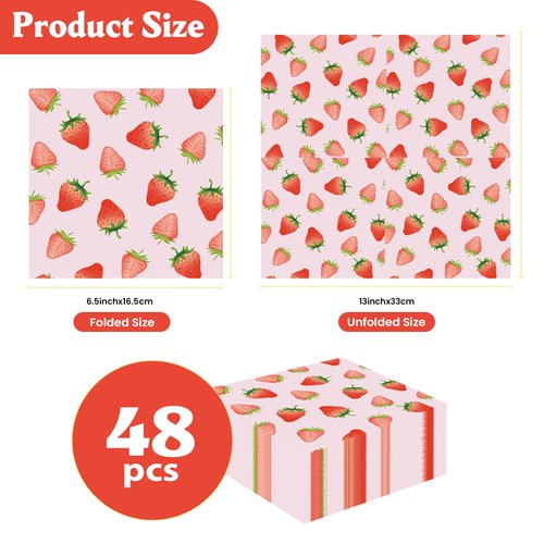 HFBOBP 50PCS Strawberry Paper Napkins 13 x 13 Inches Luncheon Napkins Cocktail Napkins Disposable Strawberry Theme Decorations for Kids Baby Shower,Birthday Party,Berry Theme Party Supplies