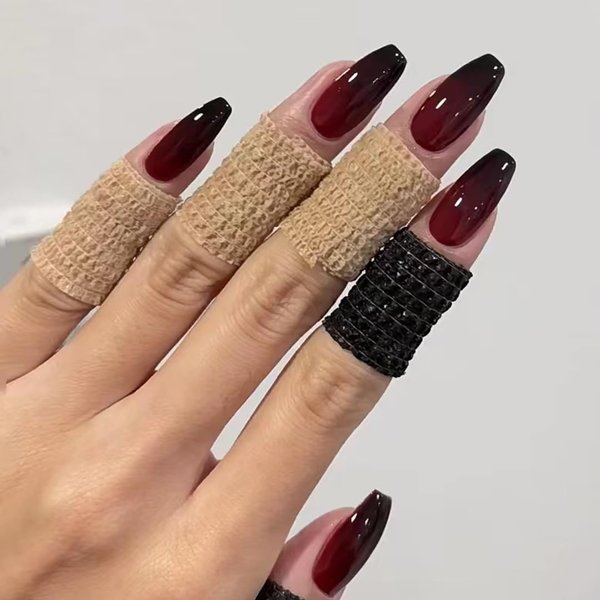BABALAL Halloween Press on Nails Medium Coffin Fake Nails Black Red Goth Glue on Nails 24Pcs Glossy Ballerina Acrylic Nails for Women and Girls
