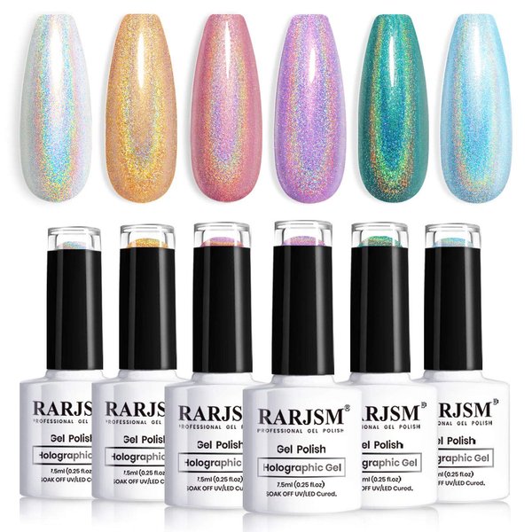 RARJSM Holographic Nail Polish Set, Spring Summer Color Gel Nail Polish Silver Gold Violet Purple Olive Green Blue Rose Gold Gel Polish 6PCS 7.5ML Curing Required Nail Art Manicure Salon