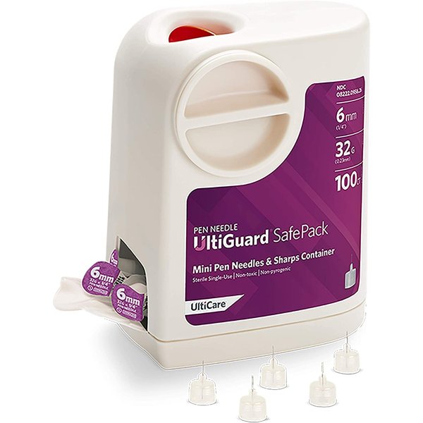 All-in-One UltiGuard Safe Pack Pen Needles and Sharps Container for at-Home Insulin Injections and Safe Needle Disposal, Size: Mini 6mm (1/4”) x 32G, 100 Count