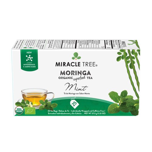 Miracle Tree - Organic Moringa Superfood Tea, 25 Individually Sealed Tea Bags, Mint (Keto, Detox, Energy & Immunity Booster, Vegan, Gluten-Free, Organic, Non-GMO, Caffeine-Free)