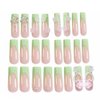 BABALAL Long Press on Nails Square Fake Nails 3D Flower Charm Design Green French Glue ons Nails Bow Heart Jeweled Acrylic Nails 24Pcs Squoval Handmade Manicure Full Cover False Nails