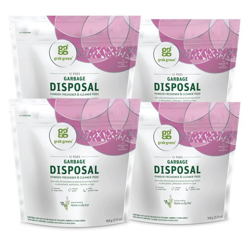 Grab Green Garbage Disposal Freshener and Cleaner Pods, 48 Count, Thyme with Fig Leaf, Plant and Mineral Based, Removes Odors, Loosens Grime, Prevents Clogging