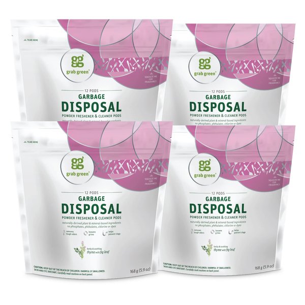 Grab Green Garbage Disposal Freshener and Cleaner Pods, 48 Count, Thyme with Fig Leaf, Plant and Mineral Based, Removes Odors, Loosens Grime, Prevents Clogging