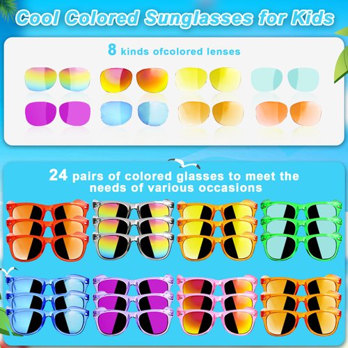 Kids Sunglasses Bulk Party Favors - 24 Packs Boys Girls Sunglasses for Kids Age 3-8 with UV 400 Protection, Neon Sunglasses for Kids Party