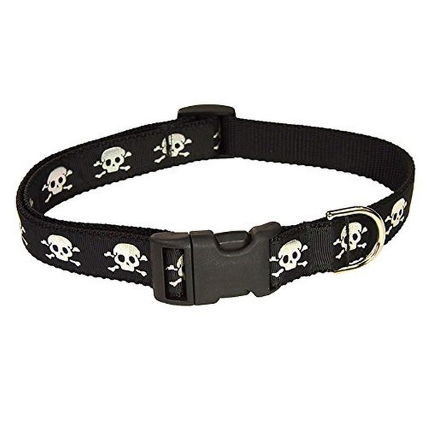 Medium Black Reflective Skull Dog Collar: 3/4" wide, Adjusts 13-20" - Made in USA.