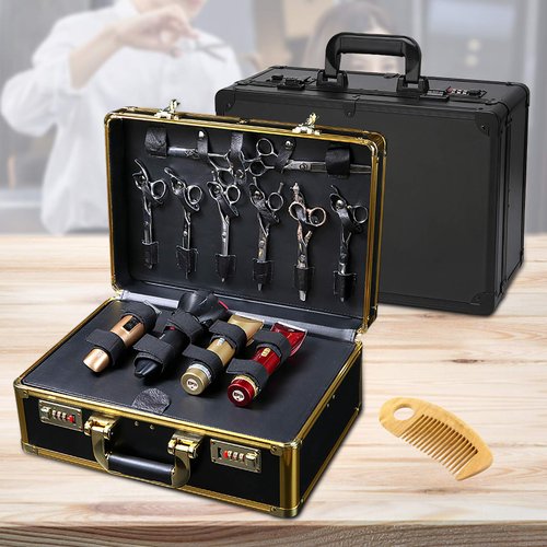 Professional Barber Case,Hairdressing Kit,Beauty Salon Tool Kits,Metal Barber Tool Box with Code Lock for Clippers Trimmers Scissors Organizer (Gold)