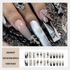 IMSOHOT Press on Nails Long Square Shape Fake Nails Full Cover Y2K Black White Acrylic False Nails with Bling Metal Charms Designs Glossy Glue on Nails French Nail Tips for Women and Girls 24Pcs