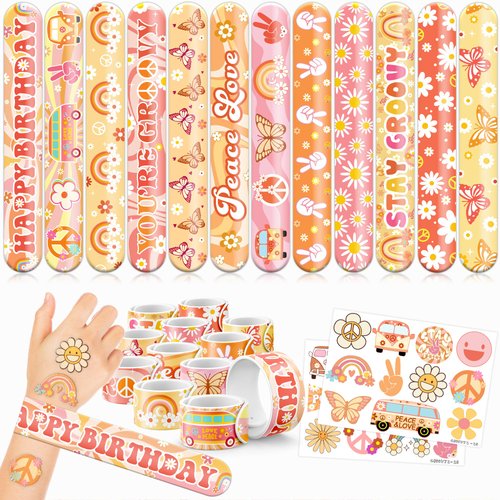 Cherisnowy 48 PCS Groovy Party Favors 24PCS Tattoos Stickers 24PCS Slap Bracelets Wristbands Perfect for Themed Birthday Baby Showers or Classroom Rewards Ideal Decor and Gifts for Girls and Boys