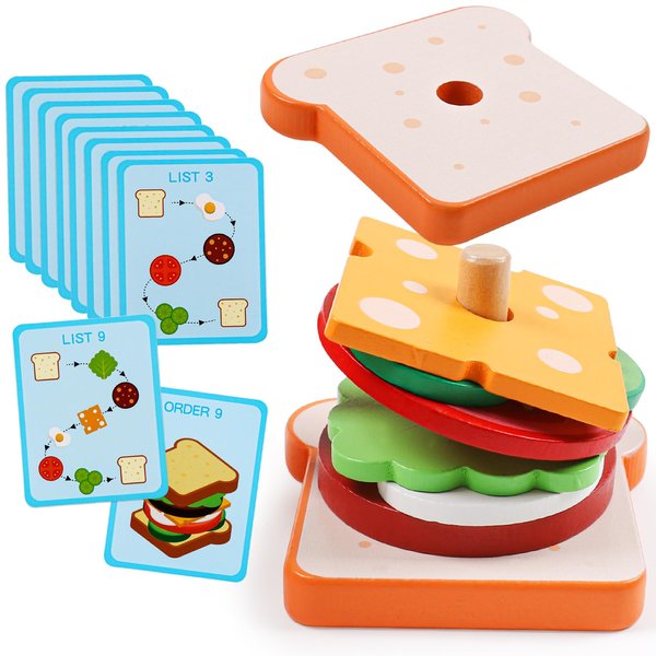 Wooden Sandwich Sorting Stacking Toys Play Food Set for Toddlers Preschool Educational Montessori Toys Fine Motor Toys for Kids Boys Girls