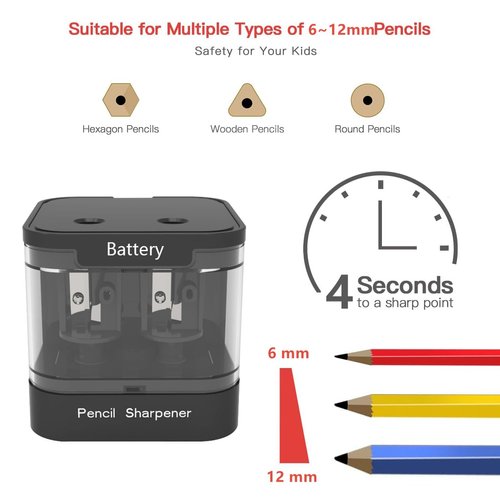 Bepoper Double Hole Electric Pencil Sharpener, USB and Battery Operated Pencil Sharpener with Brush and 2 Spare Blades, Portable Fast Sharpen Suitable for 6-8mm 8-12mm Pencils (Black)