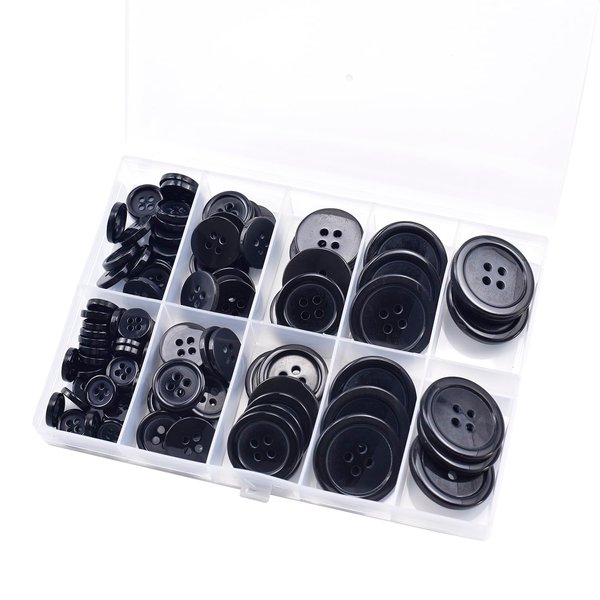 AKIRO 100 Pcs Premium Mixed Resin Sewing Buttons, 5 Sizes of Black Buttons Suitable for Sewing, Eco-Friendly 4-Hole Craft Buttons, DIY and Holiday Decoration (Black)