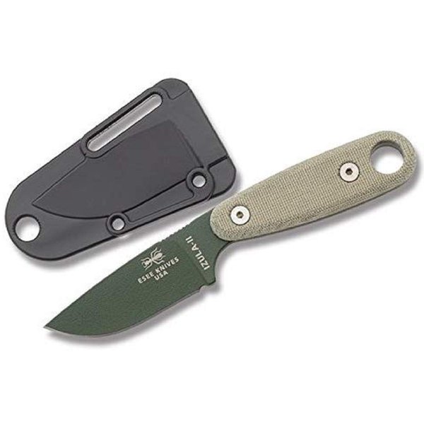ESEE Knives Izula II Fixed Blade Knife w/Survival Kit, Sheath, Clip Plate, & Micarta Handle (Olive Drab Blade/Black Sheath/Survival Kit)