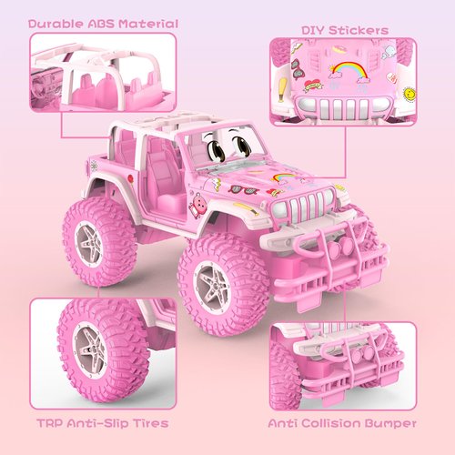 NQD Pink RC Cars with DIY Stickers, Remote Control Car for Girls, 80 Min Play Jeep 2.4GHz Off Road RC Trucks, Birthday Christmas Little Girl Toys Gifts for 3-8 Years Old