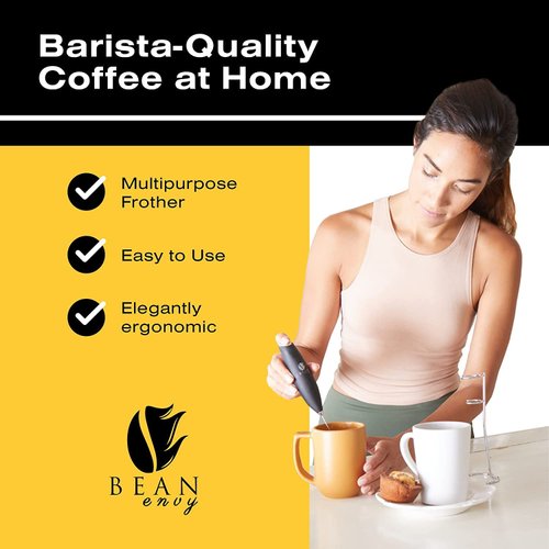 Bean Envy Handheld Milk Frother for Coffee - Electric Hand Blender, Mini Drink Mixer Whisk & Coffee Foamer Wand w/Stand for Lattes, Matcha and Hot Chocolate - Kitchen Gifts - Black