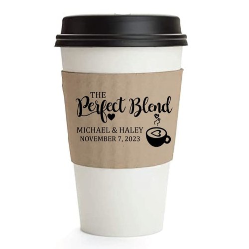 Personalized Wedding, Anniversary, Engagement Party Favors “The Perfect Blend” Coffee or Hot Chocolate Cup Sleeves, Kraft Paper Cup Sleeves, Eco-Friendly Disposable Corrugated Sleeves for 12-20oz Cups